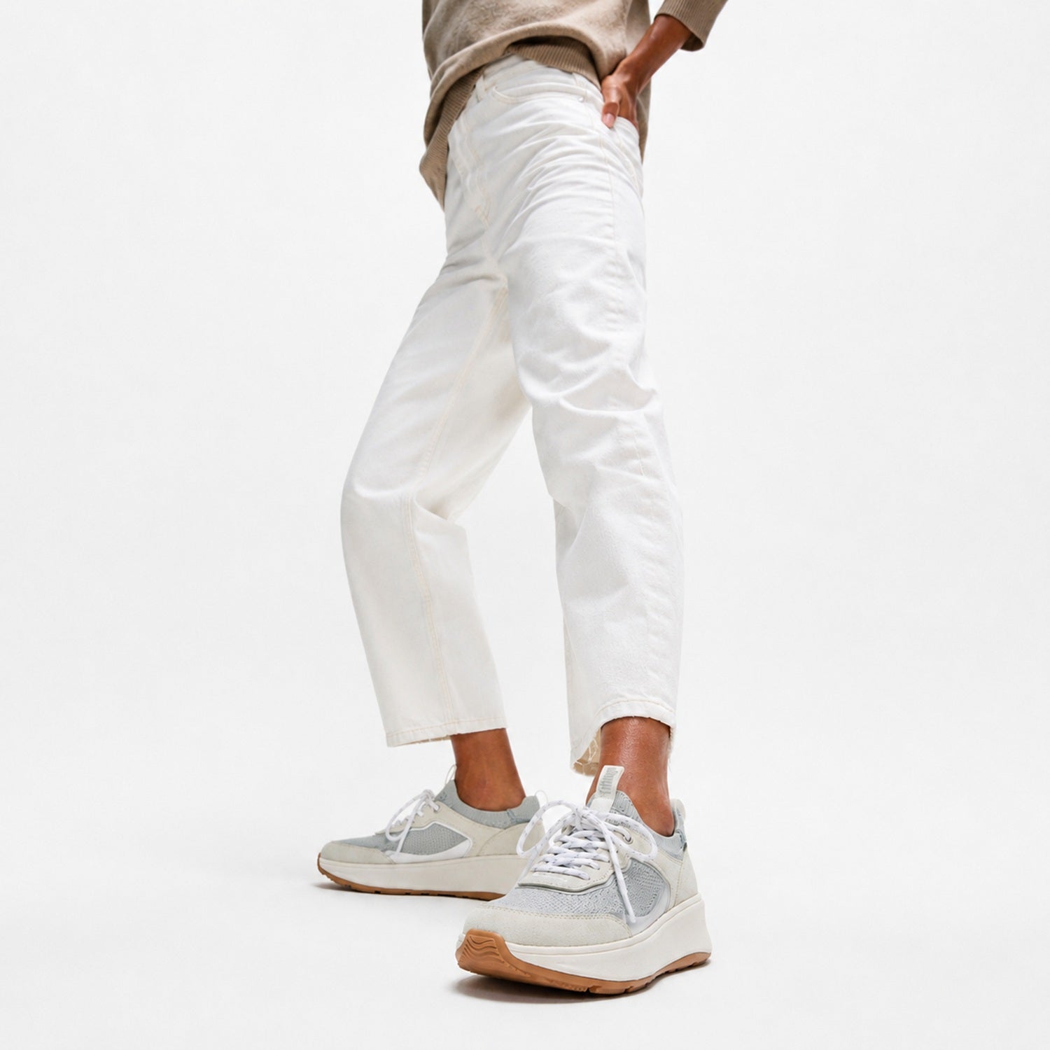 F-MODE  Zapatillas Flatform de Gamuza/Punto con Cordones - Blanco Urbano/Gris