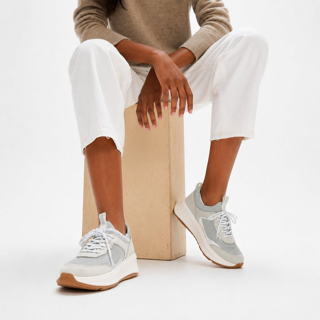 F-MODE  Zapatillas Flatform de Gamuza/Punto con Cordones - Blanco Urbano/Gris